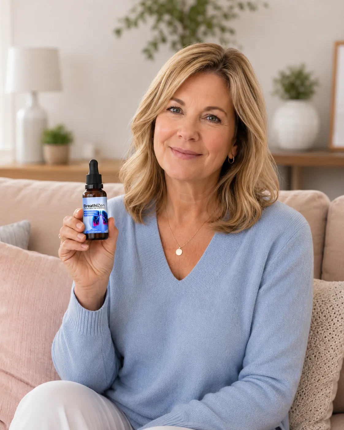 Breathizen customer holding a respiratory support spray bottle at home