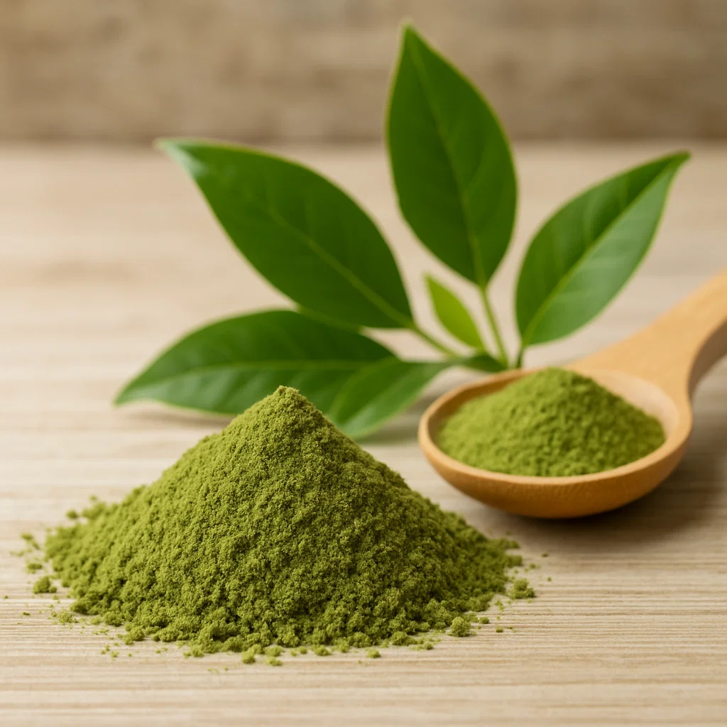 Green tea leaves and extract powder in the Breathizen formula