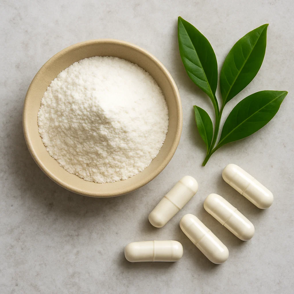 L-theanine powder and capsules beside green tea leaves